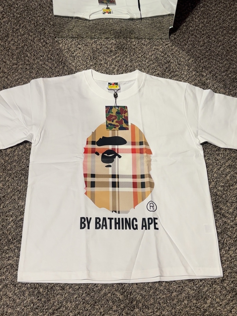 Bape White T-Shirt with Beige Plaid Ape Head
